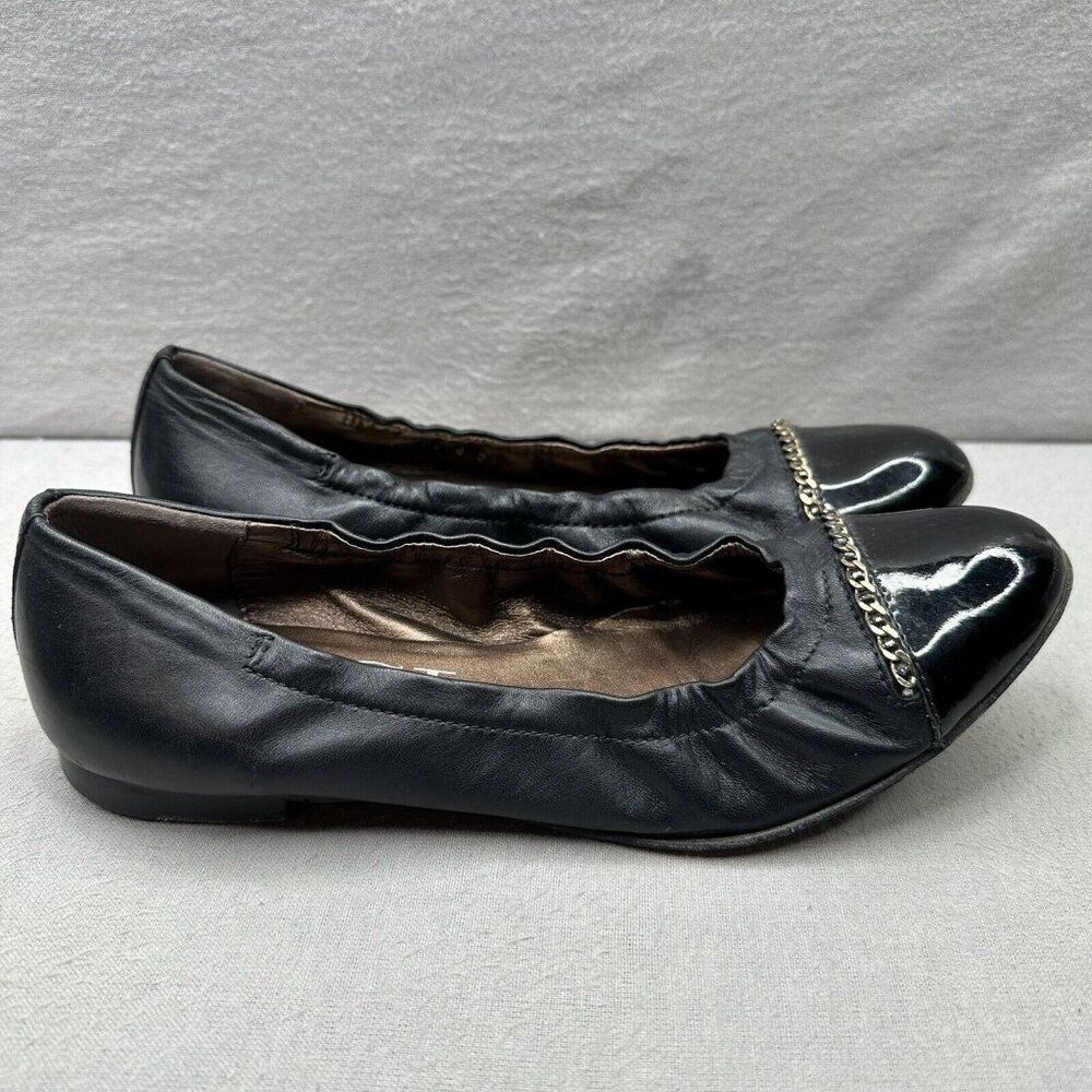 AGL Womens Size 38 (US 8) Cap Toe Black Leather Chain Ballet Flats‎ Italian
